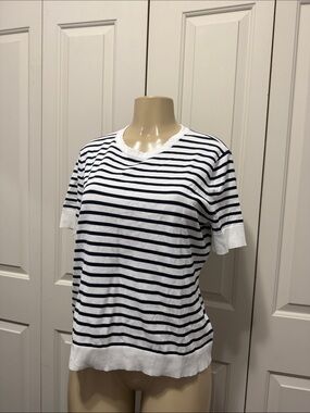 Brooks Brothers White & Navy Striped V-Neck Short Sleeve Top